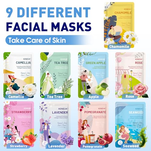 54 Pack Hydrating Facial Masks Set - All Skin Types, 9 Varieties for Skin Care & Spa