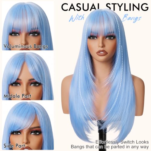 Light Blue Synthetic Wig with Bangs, Long Straight Layered 26 Inches - Cosplay & Formal