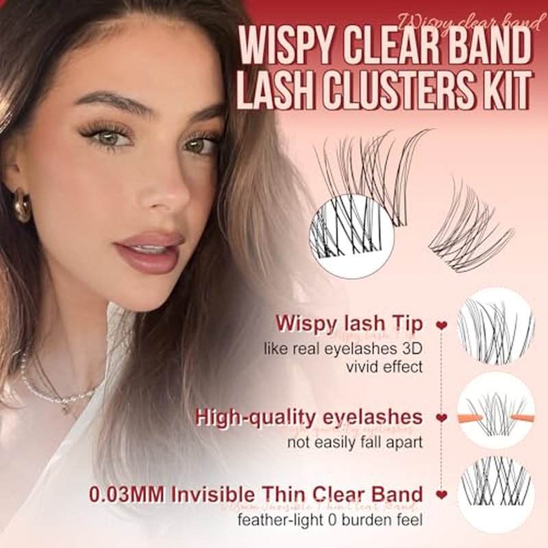 Higu clace Wispy Lash Clusters Kit, 120PCS Natural Lashes Clusters Kit with Lash Bond and Seal, C Curl Wispy Cluster Eyelash Extensions Natural Look with Clear Band Comfort Easy to use for Beginners