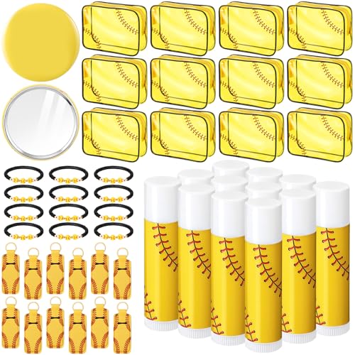 60 Pcs Softball Party Favors, Softball Gifts Set Included Cosmetic Bags Polymer Clay Bracelets Lip Balms Lipstick Holder Keychains Mirrors for Women Sports Team Gifts Birthday Party Supplies