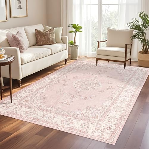 Pink Vintage 5x8 Washable Area Rug for Bedroom Girls - Soft & Stain-Resistant