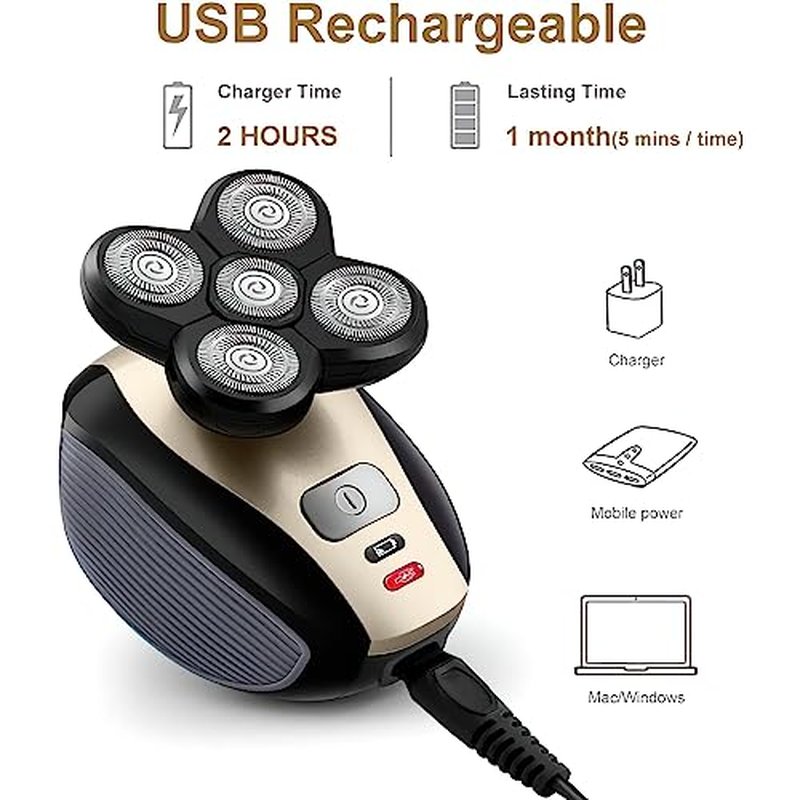 Bald Shavers for Men - Telfun Upgrade 5-in-1 Electric Head Shavers for Bald Men, 100% Waterproof Cordless Razor, Wet/Dry Shaving, 5 Dual Track Heads, Mess-Free Hair Capture