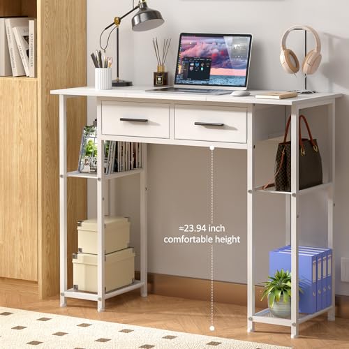 White Computer Desk with Drawers and Storage Shelf - Small Office Study Table