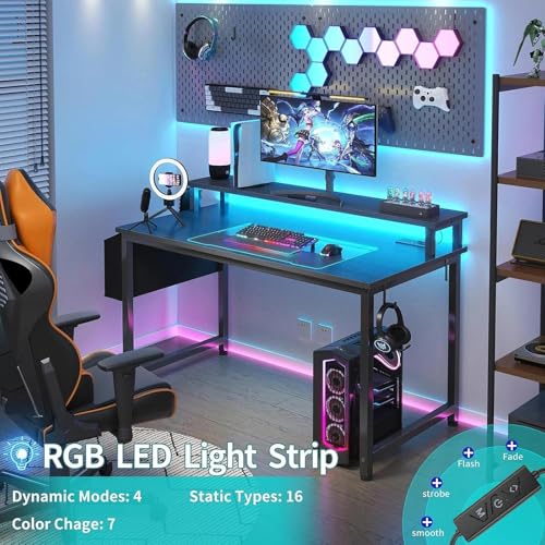 Lufeiya 39.4-Inch Gaming Desk with RGB LED Lights & Power Outlets, Monitor Stand, Black
