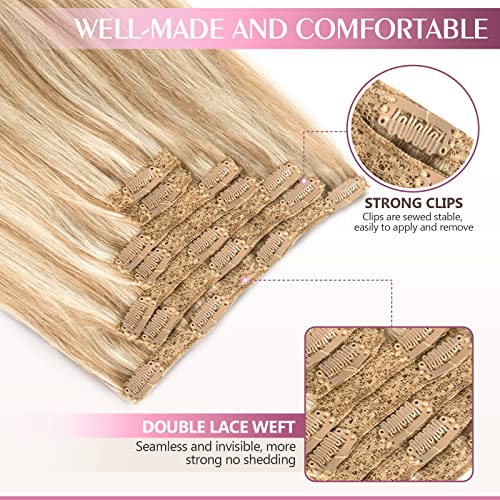 Clip in Hair Extensions - Human Hair, 20 Inch Honey Blonde with Bleach Blonde - 7 Pcs