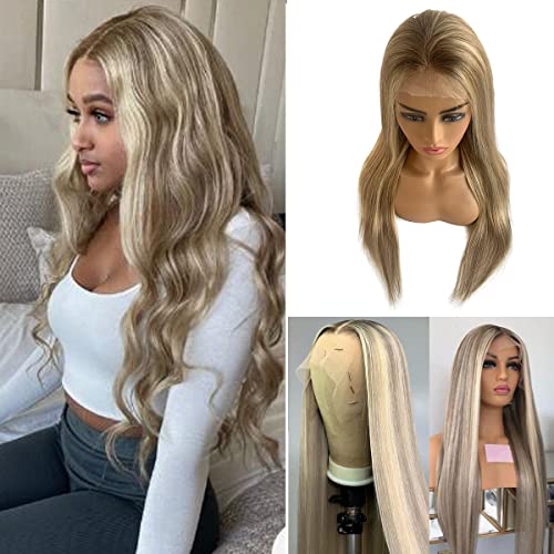 18 Inch Ash Brown Lace Front Wig with Highlights - Human Hair, Glueless, Pre-Plucked, Ombre Blonde & Brown Variation #8T18P60