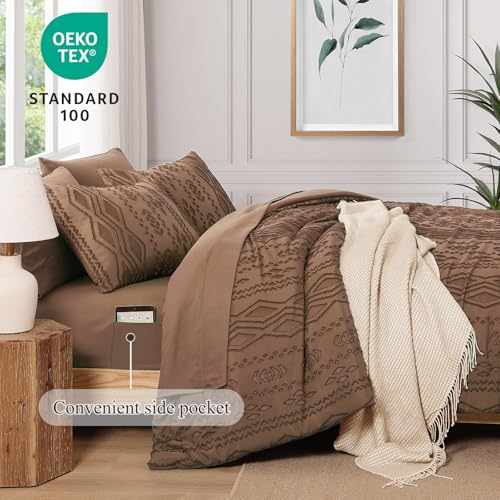King Size Brown Tufted Boho Comforter Set - 7 Pieces, Farmhouse Style