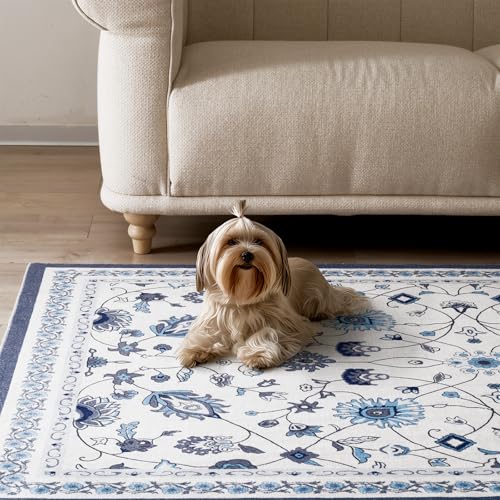 EverGrace 5x7 Porcelain Blue Floral Boho Indoor Outdoor Rug - Washable Low Pile Floor Mat for Living Room, Bedroom, Kitchen, Entryway