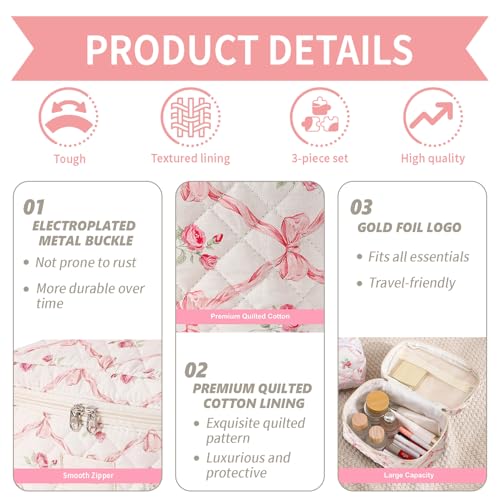 LAKSMI 3PCS Cotton Quilted Floral Makeup Bag Set for Women, Cute Make Up Bags with Brush Pockets, Large Wide-Open Toiletry Pouch Gifts for Toiletries Accessories Travelling Essentials