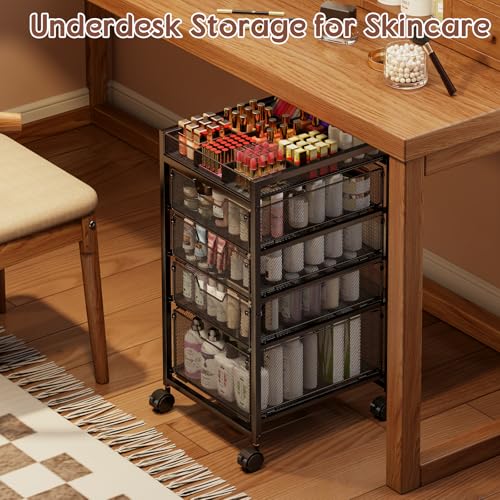 5-Tier Rolling Makeup Cart Organizer with 4 Drawers, Cosmetics Display with Dividers, Floor Skincare Storage with Wheels, Versatile Vanity Organizer for Nail Polish Perfume Brush Hair Tool, Black