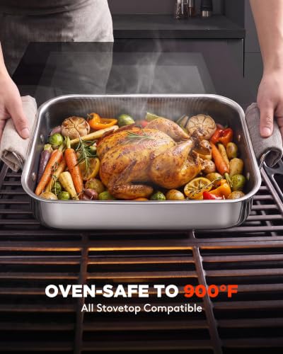 Snowclad 13x10 Inch Nonstick Stainless Steel Roasting Pan for Oven & All Cooktops