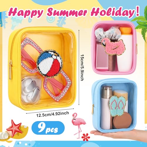 Summer Party Cosmetic Bags with Chenille Patches - Yellow Blue Pink / Cute - Waterproof & Travel Friendly