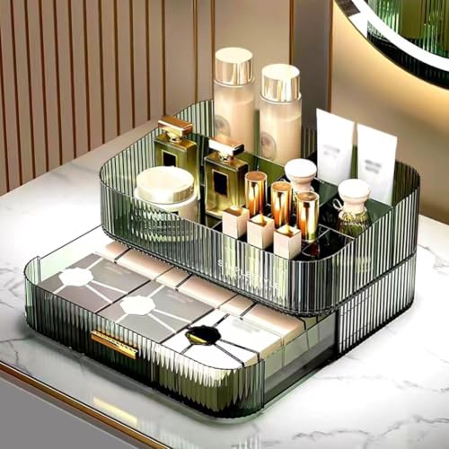 Makeup Organizer with Stackable Drawers and Tray - Clear Green, Tray & Drawer