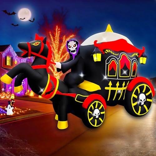 SEASONBLOW 10ft Halloween Inflatable Horse Carriage Yard Decor with LED Lights