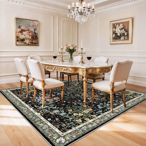 Black Square 7x7 ft Floral Area Rug - Non-Slip, Machine Washable, Indoor Carpet for Living Room Bedroom Office