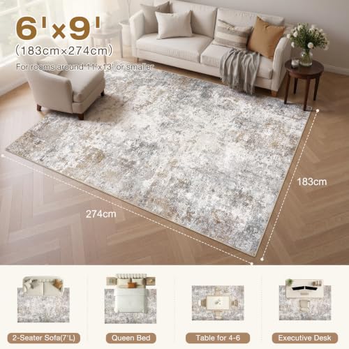 6x9 Rectangular Washable Neutral Abstract Area Rug - Non-Slip Bedroom Living Room Floor Mat - Brown Grey