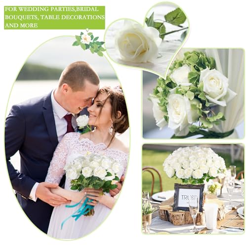 Hananona 100 White Artificial Roses - Realistic Silk Flowers Bulk, 20 Inch Stems