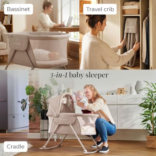 Kinderkraft LOVI Travel Bassinet for Baby - Beige 3-in-1 Foldable Cradle & Bed