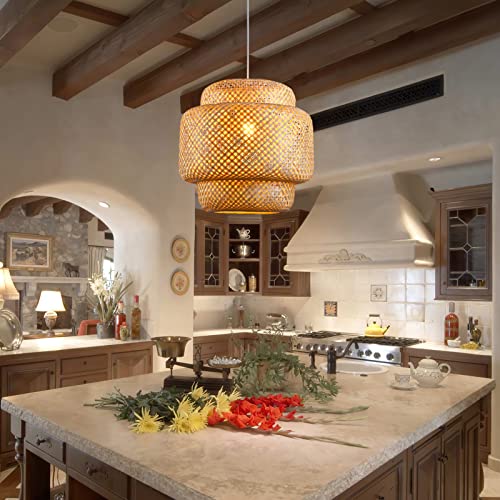 Bamboo Pendant Light - Large 16 Inch Woven Rattan Chandelier for Kitchen & Dining - Natural Boho Basket Style - Variation: Lantern