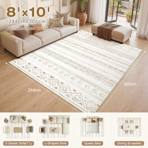 Cotiled Boho 8x10 Area Rug - Washable Moroccan Style with Neutral Light Brown/Cream
