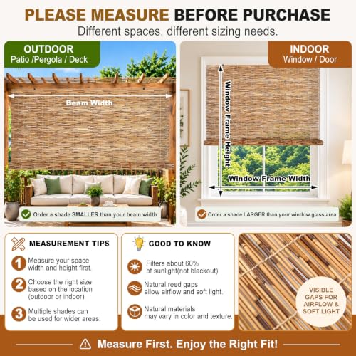 Outdoor Bamboo Shades 3 Pack - 48x72 Inches Carbon Brown, Natural Reed Material, Privacy & Light Control