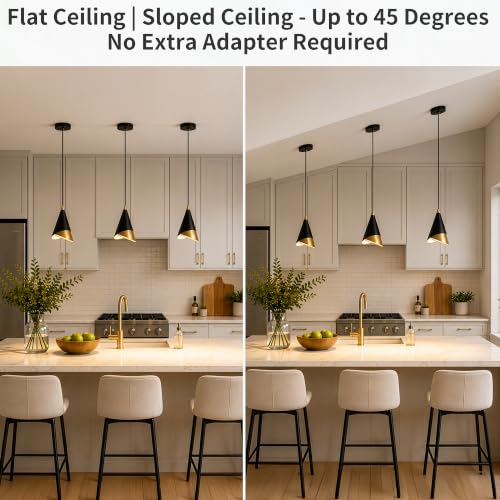 MODIVO 3-Pack Black and Gold Pendant Lights for Kitchen Island - Modern Conical Design, E26 Socket, Indoor Dry Use