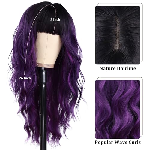 Ombre Purple Long Wavy Wig with Bangs for Women, 26 Inches, Heat-Resistant Synthetic Hair, Daily & Party Use