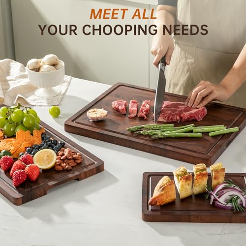 Walnut End Grain Cutting Board Set with Juice Groove & Handle - Kitchen Utensil