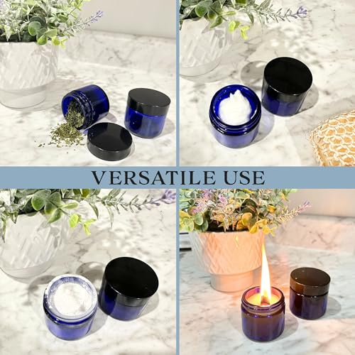Cobalt Blue Glass Cosmetic Jars 2oz Pack of 12 - Airtight Lids for Balms & Creams