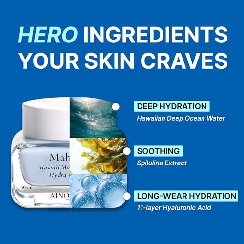 Mahalo Hawaii Marine Deep Hydra Cream ? 100H Moisture Lock-In Gel with Sea Minerals, Spirulina & 11-Type Hyaluronic Acid, Ultra Deep Hydration for Dry & Sensitive Skin, Korean Skincare, 50ml