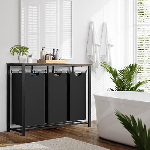 Laundry Sorter with Tabletop Shelf - 3-Section Steel Frame, Rustic Brown