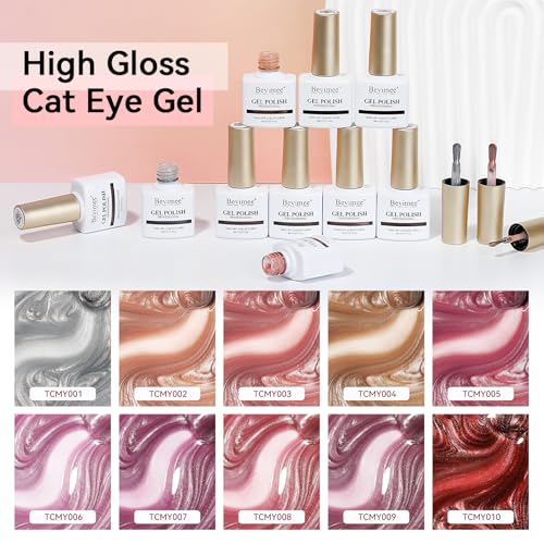 Cateye Gel Polish Set With Magnet, Pink Purple Red 10 Colors Jelly Magnetic Nail Polish Moonlight, Holographic Glass Shimmer Glitter Soak Off UV Gel Salon DIY At Home, 8ml