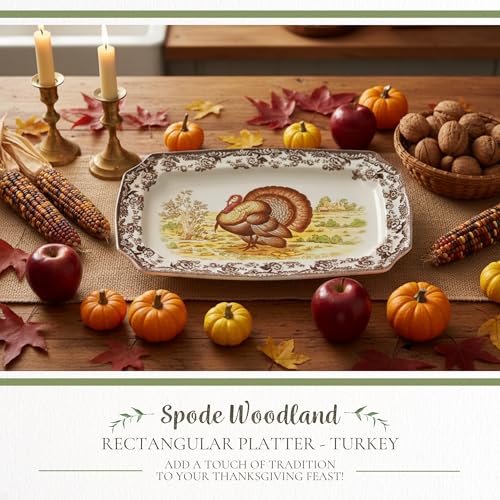 Spode Woodland Turkey Rectangular Serving Platter 17.5" with Heritage Pattern