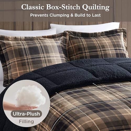 Woolrich King Reversible Plush Sherpa Comforter Set Brown & Black 4PC