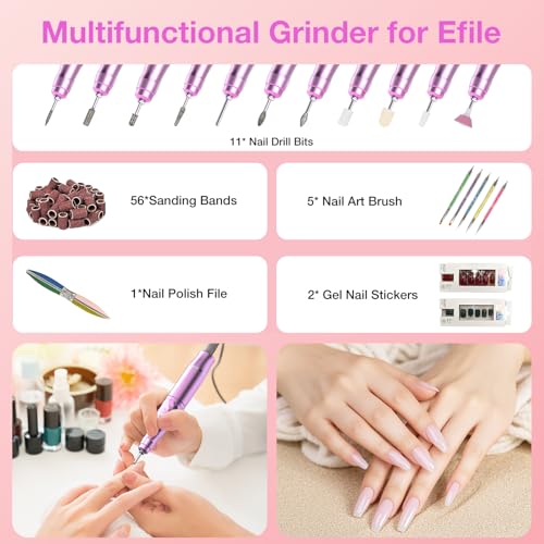 Pink Electric Nail Drill Kit 45000 RPM Cordless USB Rechargeable Manicure Tool