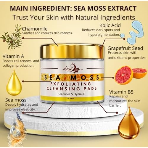 Live Healthy The Original Kojic Acid & Sea Moss Cleansing Pads - Natural, Face Cleanser, with Vitamin E, Glycolic Acid & Hyaluronic Acid - Clears Acne, Face Peel Toner Pads - Made in USA | 30 Pack