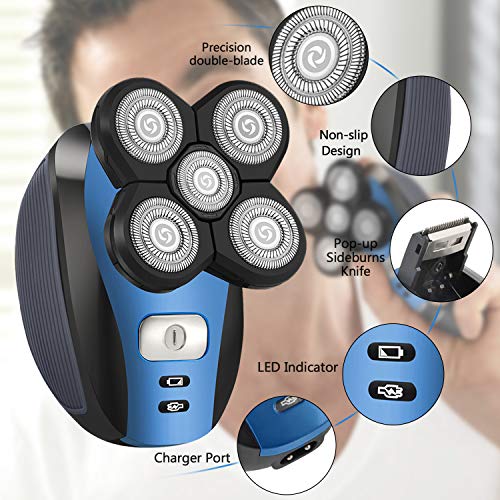 Roziahome Electric Razor for Men Bald Head Shaver 5 in 1 Grooming Kit Rechargeable Cordless Wet Dry Rotary Shaver Clippers Nose Hair Trimmer Facial Cleansing Brush Pop-up Trimmer