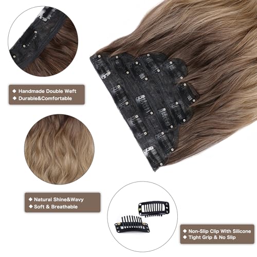 Ombre Blonde Clip-In Hair Extensions - 20 Inch Long Wavy Curly 6PCS Natural Hairpieces