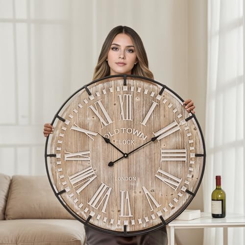 Farmhouse Wall Clock 30 Inch - Rustic Wood Metal Decor Silent Sweep Brown