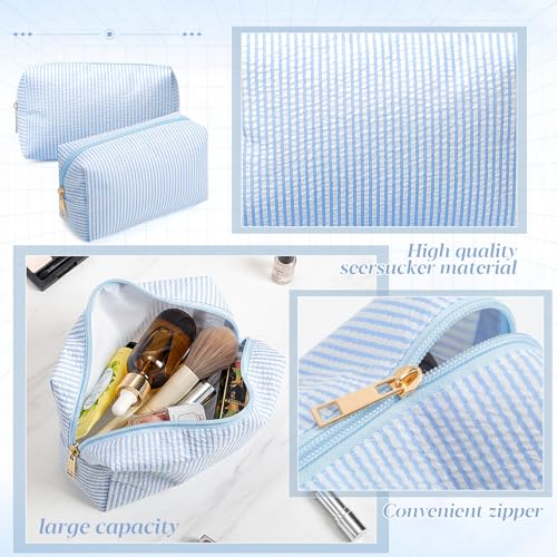 Sanwuta Light Blue Seersucker Cosmetic Bags Bulk - 6 Pcs Zippered Makeup Pouches