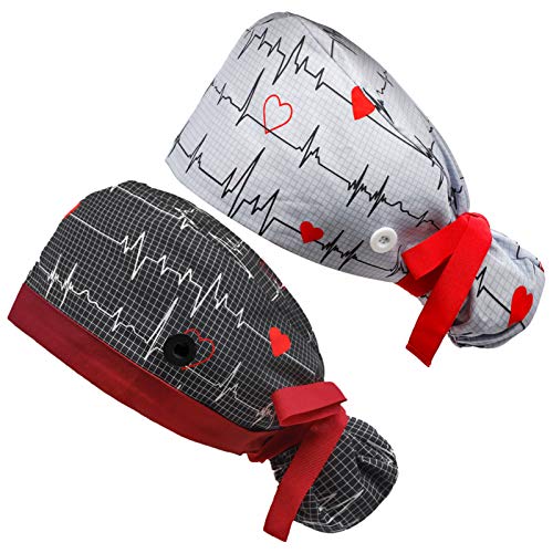 Working Cap with Buttons and Sweatband Adjustable Ribbon Tie Ponytail Hats for Women,Long Hair Head Covers Hair Caps