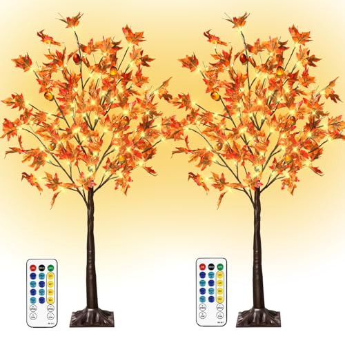4Ft Lighted Artificial Maple Tree for Fall & Thanksgiving Decor, 60 LED Dimmable & Flashing Modes