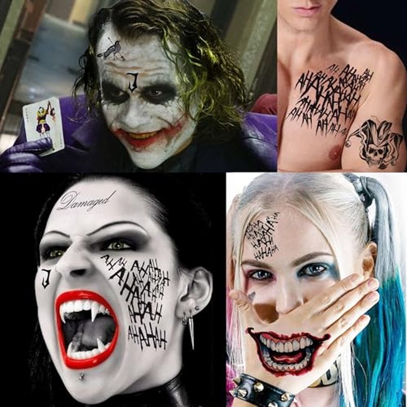5 Sheets Joker Tattoos Stickers, Hand Damaged Joker Face Tattoos For Women Men Adults, 3D Fake Halloween Temporary Tattoos Makeup Kit Set Clown Inmate Prison Scary Halloween Makeup Accessory Costume