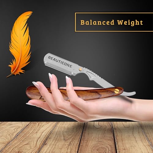 BEAUTICONE Straight Razors for Men, Straight Edge Razor, 100 Single Edge Blades, Stainless Steel, Barber Razor for Men's Shaving, Barber Shaving Knife, Wooden, Swinglock