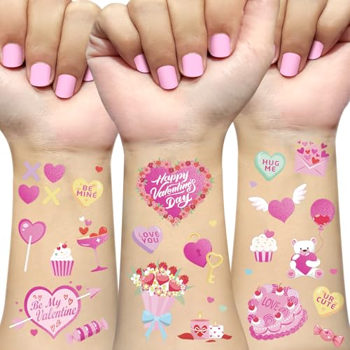 Valentine's Day Temporary Tattoos 68 Styles V-Day Hot Pink Foil Tattoos Galentines Day Decoration Be Mine Party Favor Valentines Candy Heart Supplies Classroom Exchange Prizes