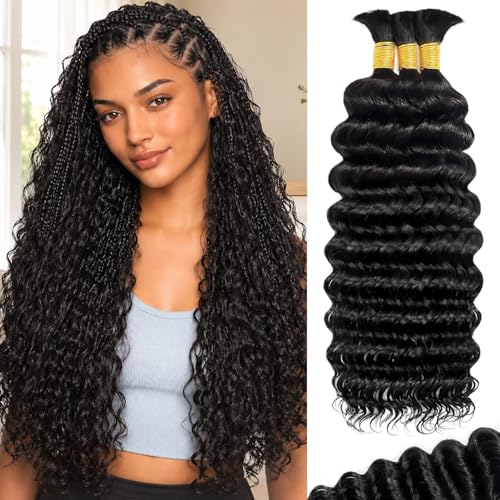 Human Braiding Hair - Deep Wave Bulk 18 Inch 110g Natural #1B - Boho Braid Extensions