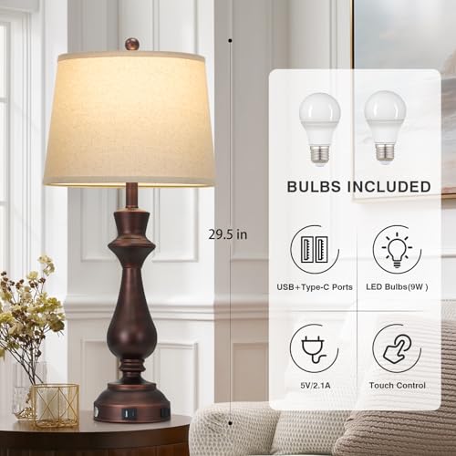 Vintage Brown Set of 2 Table Lamps with USB Charging & 3-Way Dimmable Touch for Bedroom & Living Room