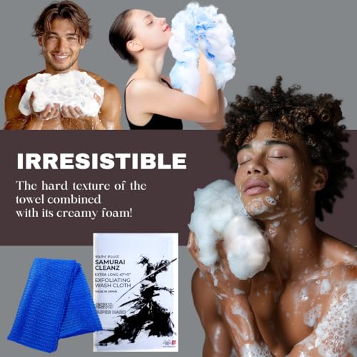 Samurai Cleanz, Resistant Exfoliating Washcloth for All Skin Types, Exfoliating Shower Towel, Premium Japanese washcloth, Deep Cleanse for Body Face, Quick Drying, Extra Long Design - Made in Japan