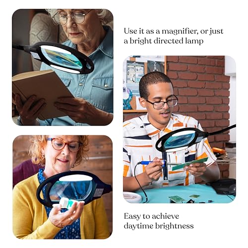 Magnifying Floor Lamp with Bright LED Light - 3 Diopter Black Gooseneck Reading & Work Light