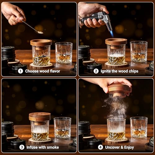 Whiskey Smoker Kit with 8 Wood Chips, Glasses & Lighter - Premium Bourbon Infusion Set